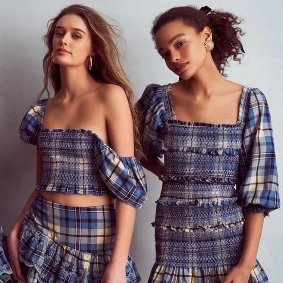 NEW LOVESHACKFANCY 90s Plaid Puff Sleeve Square Neck Smocked Tier Ruffle Dress M